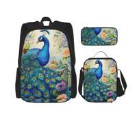 SXZVVBN Set di 3 zaino per computer portatile con borsa termica per il pranzo e organizer per il lavoro con pavone blu nella foresta incantata