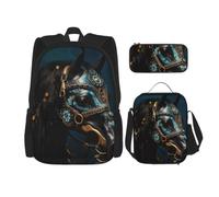 SXZVVBN Zaino da 3 pezzi per computer portatile con borsa termica per il pranzo e organizer per lavoro con cavalli medievali da guerra