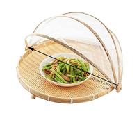 SyangKaitian Tenda per servire cibo Cestino coperto rotondo per frutta e verdura Cestino portaoggetti Cestino poco profondo con copertura in rete, Tenda per servire cibo in bambù Vassoio artigianale n