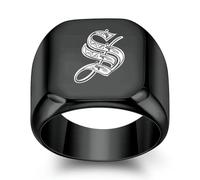 SYAVR Personalizzato 26 Iniziali Inglesi Anello In Acciaio Titanio Per Gli Uomini, Retrò Punk Quadrato 18mm Nero Alla Moda Uomo