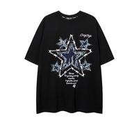 Sybnwnwm T-shirt larga da donna Y2K grafica vintage t-shirt t-shirt in cotone stampa lettera stella t-shirt streetwear top estate ragazze adolescenti, A-nero, XL