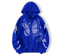 Sybnwnwm Y2K felpe con cappuccio con cerniera e strass stampa farfalla E-Girls oversize con cappuccio giacche per donne ragazze, Blu, L