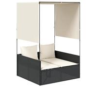 SYDE Sdraio doppio in rattan PE con tetto e tende, nero | Cuscini spessi, fodera lavabile, resistente alle intemperie, massimo 110 kg per sedile