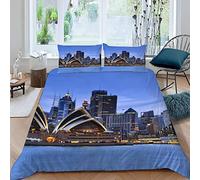 Sydney Architecture - Set di biancheria da letto, 3 pezzi, copripiumino matrimoniale, per bambini, adolescenti, adulti, 3D, con stampa blu tramonto e chiusura lampo, 1 copripiumino + 2 federe