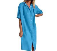 SYDUZAX Abito a Camicia da Donna in Cotone e Lino Abito Abbottonato a Maniche Corte Abito Midi Tinta Unita Baggy Beach Cover Up Abito Lungo Collo a Lupetto Tunica Vestito estivo