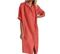 SYDUZAX Abito a Camicia da Donna in Cotone e Lino Abito Abbottonato a Maniche Corte Abito Midi Tinta Unita Baggy Beach Cover Up Abito Lungo Collo a Lupetto Tunica Vestito estivo