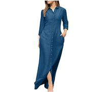 SYDUZAX Abito a Camicia Lungo da Donna Abbottonate Abiti Eleganti da Festa in Cotone e Lino Abito a Maniche Lunghe con Scollo a V Abito Lunghi con Bavero estivo Vestito Estivo Boho
