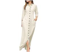 SYDUZAX Abito a Camicia Lungo da Donna Abbottonate Abiti Eleganti da Festa in Cotone e Lino Abito a Maniche Lunghe con Scollo a V Abito Lunghi con Bavero estivo Vestito Estivo Boho
