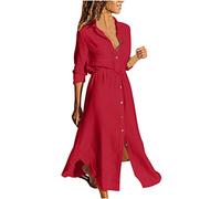 SYDUZAX Abito Camicia Donna Abito Lungo Cotone Lino con Bottoni Maniche Lunghe Abito Lungo Casual Estivo Boho Donna Abito Elegante da Spiaggia con Balza per Ufficio Abito da Sera Vintage per Feste