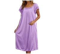 SYDUZAX Pigiama Donna Estivo Camicia da Notte Raso Donna Camicia da Notte Seta Donna Girocollo Camicia da Notte Lunga a Maniche Corte Sottoveste in Raso Camicia da Notte per la Casa in Tinta Unita