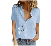 SYDUZAX T-shirt da Donna Elegante Estiva Camicia da Donna Casual in Lino Tinta Unita con Scollo a V a Maniche Lunghe Camicia con Risvolto Ampio Camicia Comoda Leggera alla Moda