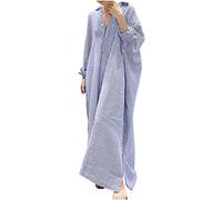 SYDUZAX Vestiti Lunghi Donna Cotone Lino a Righe Vestito Lungo Caftano Italiano Abito da Spiaggia Oversize con Bottoni Abiti Estivi Larghi Casual per Feste Abiti Tunica con Risvolto e Maniche Lunghe