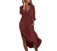 SYDUZAX Vestito Camicia Cotone Lino Donna Vestiti Lunghi a Maniche Lunghe con Scollo a V Vestiti da Spiaggia a Tunica Abiti Lunghi Estivi Larghi Abiti Casual da Ufficio con Risvolto e Volant e Tasca