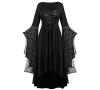 SYDUZAX Vestito Halloween Donna Costume Halloween Donna Abito Gotico Abito con Stampa Teschio di Halloween Abito a Tunica in Pizzo Tinta Unita Abito Medievale retrò Costumi retrò Halloween Donna