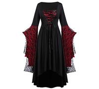 SYDUZAX Vestito Halloween Donna Costume Halloween Donna Abito Gotico Abito con Stampa Teschio di Halloween Abito a Tunica in Pizzo Tinta Unita Abito Medievale retrò Costumi retrò Halloween Donna