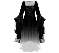 SYDUZAX Vestito Halloween Donna Costume Halloween Donna Abito Gotico Abito con Stampa Teschio di Halloween Abito a Tunica in Pizzo Tinta Unita Abito Medievale retrò Costumi retrò Halloween Donna