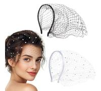 SYEYCW 2 Pezzi Fasce per Capelli In Rete Bianca e Nera con Velo, Fascinator Elegante da Donna con Strass, Cappellino Fascinator per Tea Party, Matrimoni in Chiesa, Funerali, Costumi di Halloween