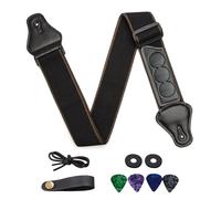 SYEYCW Nero Tracolla Per Chitarra, Regolabile Cotone Tracolla con 4 Plettri, 2 Chiusure per Cinturino in Gomma, Adattatore per Paletta con Fibbia, per Chitarra Acustico, Chitarra Elettrico, Basso