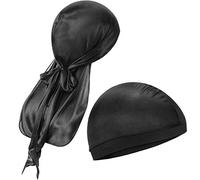 Syhood 2 Durag Sensazione Setosa Elastico a Coda Cuffia per Capelli Ondulata, Nera