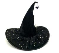 SYJYM Cappello da strega di Halloween con tesa curva in velluto increspato gotico velo a rete da donna stregone accessorio per costume da stregone materiale in tessuto
