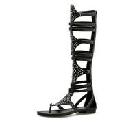 SYJYM Golden Gladiator Roman stivali da donna in pelle PU aperta punta aperta al ginocchio rivetto scarpe basse per il tempo libero, Nero , 36 1/3 EU