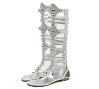 SYJYM Golden Gladiator Roman stivali da donna in pelle PU aperta punta aperta al ginocchio rivetto scarpe basse per il tempo libero, Argento, 39 EU