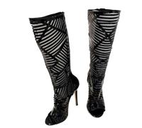 SYJYM Sexy Desig Hollow Out stivali alti al ginocchio sandali donna punta aperta scarpe moda sottile tacchi alti scarpe da donna, Nero , 36 2/3 EU