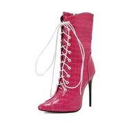 SYJYM Stivali da donna a metà polpaccio scozzese punta a spillo 12 cm cerniera lacci sexy festa incontri Bota, Rosso rosato, 42 1/3 EU