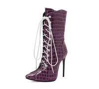 SYJYM Stivali da donna a metà polpaccio scozzese punta a spillo 12 cm cerniera lacci sexy festa incontri Bota, Viola, 42 1/3 EU
