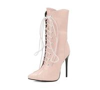 SYJYM Stivali da donna a metà polpaccio scozzese punta a spillo 12 cm cerniera lacci sexy festa incontri Bota, rosa, 39 1/3 EU