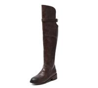 SYJYM Stivali da donna in pelle alla moda lunghi sopra il ginocchio alti fino alla coscia per fibbia piatta punta rotonda inverno sottile sottile, Marrone scuro., 36 1/3 EU