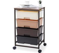 SYKIARIOL Carrello con 4 cassetti, multiuso su ruote, con piano in legno, per cucina, soggiorno, camera da letto, facile da spostare, grande capacità, 4 cassetti, marrone