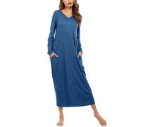 Sykooria Camicia da Notte Manica Lunga Donna a V Camice da Notte in Cotone Lungo Camicia da Notte Invernale con Tasche,Pigiama Comodo Ampio Tinta Unita Abbigliamentoda Casa Zaffiro XL