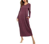 Sykooria Camicia da Notte Manica Lunga Donna a V Camice da Notte in Cotone Lungo Camicia da Notte Invernale con Tasche,Pigiama Comodo Ampio Tinta Unita Abbigliamentoda Casa a_Vino XL