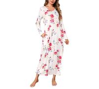 Sykooria Camicia da Notte Manica Lunga Donna a V Camice da Notte in Cotone Lungo Camicia da Notte Invernale con Tasche,Pigiama Comodo Ampio Stampato Abbigliamentoda Casa Stampa Bianco L