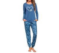 Sykooria Pigiama Donna Cotone Lungo 2 Pezzi Pigiami Invernale Donne Lungo Top Manica Lunga e Pantaloni A-Love+Blu XXL