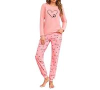 Sykooria Pigiama Donna Cotone Lungo 2 Pezzi Pigiami Invernale Donne Lungo Top Manica Lunga e Pantaloni A-Love+Rosa M