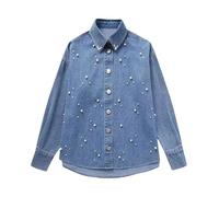 SYLDMKJ Camicia Donna Camicia di Jeans Impreziosita dalla Perla delle Donne Stile Francese Bottoni Manica Lunga Sciolta Crop Top Chemise-Blu-L