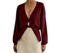 SYLDMKJ Cardigan Donna Pulsante A Maniche Lunghe Cardigan A Vta-Vino Rosso-M