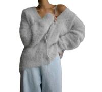 SYLDMKJ Cardigan Donna Sighi Casual A Maniche Lunghe con Scollo A V Cardigan da Donna-Grigio Chiaro-S