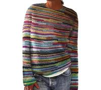 SYLDMKJ Maglione Donna Invernale Donne Inverno Maglione Autunno Casual Sciolto A Scarpone Rotondo Vintage Maglione A Maglia-Strisce Arcobaleno-S