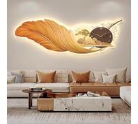 SYLUOQP Orologio da Parete Moderno in Piume con Luce e Orologio a LED, Decorazione murale in Piume dipinte a Mano per Soggiorno, Camera da Letto,D,120 * 43CM