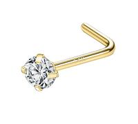 SYLWIA Piercing da naso in vero oro 14 carati, 20 g, 18 g, a forma di L, cavatappi, finto diamante zirconia cubica, ipoallergenico, calibro 18, 20, per donne, idea regalo, 2 mm, 2,5 mm, 3 mm, zirconia