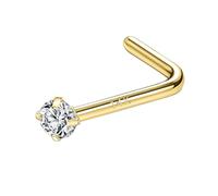SYLWIA Piercing da naso in vero oro 14 carati, 20 g, 18 g, a forma di L, cavatappi, finto diamante zirconia cubica, ipoallergenico, calibro 18, 20, per donne, idea regalo, 2 mm, 2,5 mm, 3 mm, zirconia