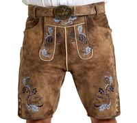 SYMPHONIE WESTERWALD Pantaloni corti da uomo in pelle di alta qualità, con cintura tradizionale, vera pelle (Full Grain), look antico, ricami pregiati, Oktoberfest, taglie 44-60, Marrone - Ricamo blu