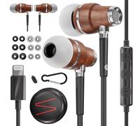 Symphonized Auricolari cablati in legno di alta qualità per iPhone (certificato Apple MFI), suono profondo, suono 3D, microfono e controllo del volume, cuffie con cancellazione del rumore al 90% con