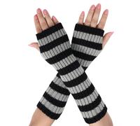 Symphonyw Guanti lunghi da donna, senza dita, a righe, scaldamuscoli invernali morbidi con foro per il pollice, nero+grigio chiaro, 36