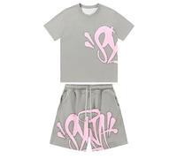 Syna World - Set di 2 magliette e pantaloncini, tuta estiva da jogging, con stampa Y2K, Hip Hop, a maniche corte, unisex, per bambini, estate, 2 pezzi, 01 grigio., 11-12 Jahre