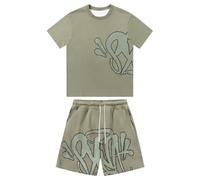Syna World - Set di 2 magliette e pantaloncini, tuta estiva da jogging, con stampa Y2K, Hip Hop, a maniche corte, unisex, per bambini, estate, 2 pezzi, 01 verde militare, 9-10 Jahre