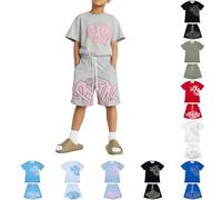 Syna World - Set di 2 paia di magliette e pantaloncini unisex per bambini, comodi, oversize, abbigliamento sportivo da ragazza, in due pezzi, tuta da jogging da uomo, a maniche corte, Y2K Hip Hop